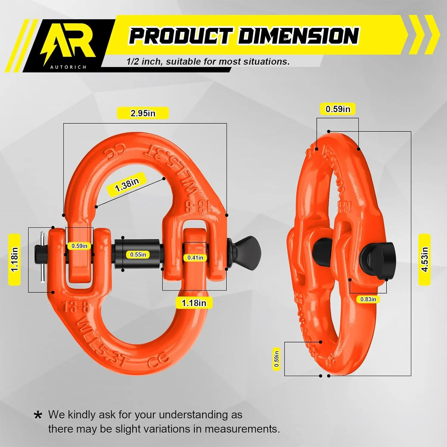 Safety Chain Connector Link, 1/2IN Tow Hitch Hammerlock Coupling Link, 2 Pack G80 Alloy Steel Tow Chain Connector, Quick Install & Remove, 12000 lbs Load Limit, Orange