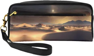 Sahara Desert Print Leather Small Makeup Bag â€“ Travel Toiletry Bag for Women, Reusable Cosmetic Pouch with Zipper