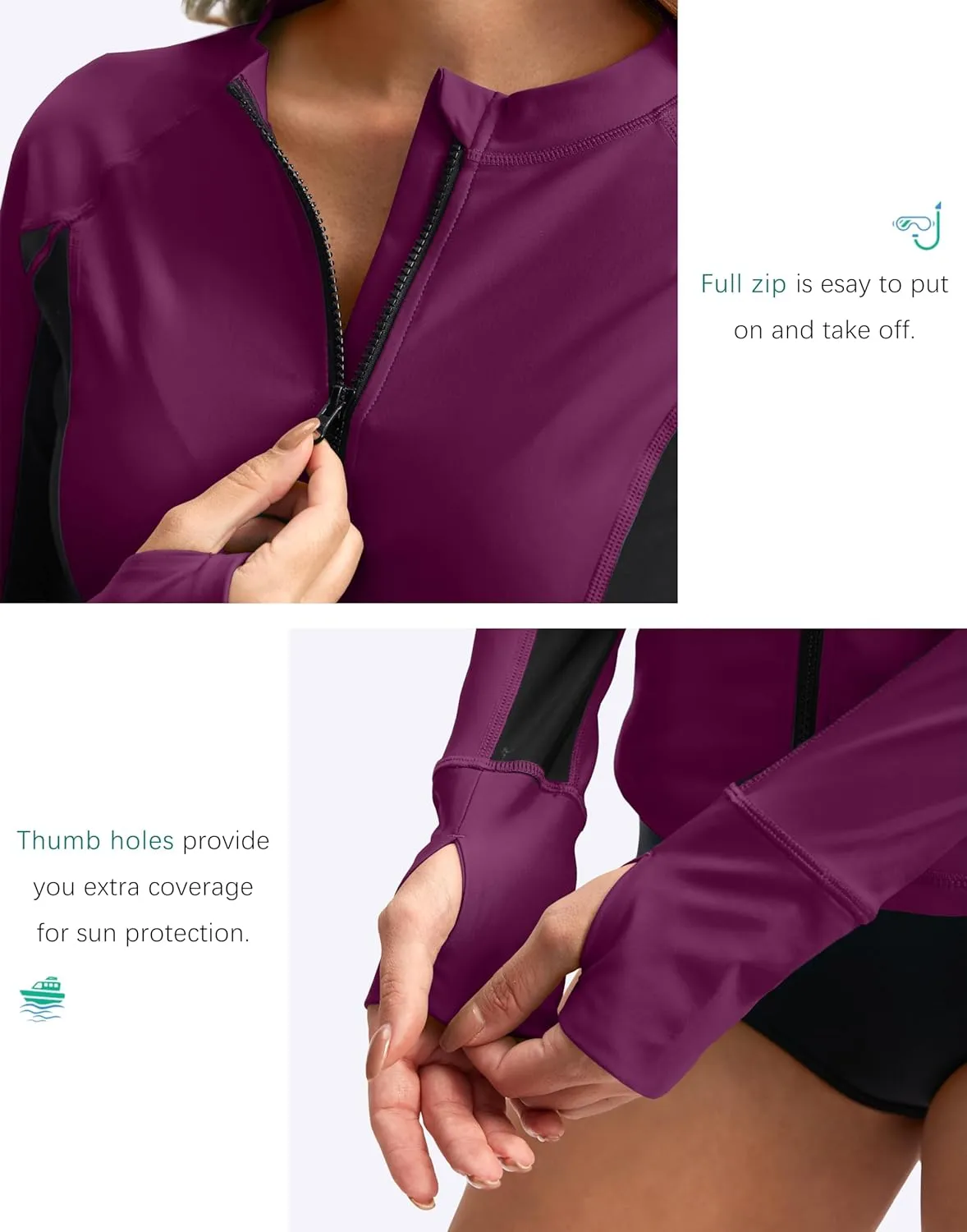 SANTINY Women's Rash Guard Zipper Pockets UPF50  Sun Protection Long Sleeve Swimsuit Top Zip Front Swim Shirt for Women