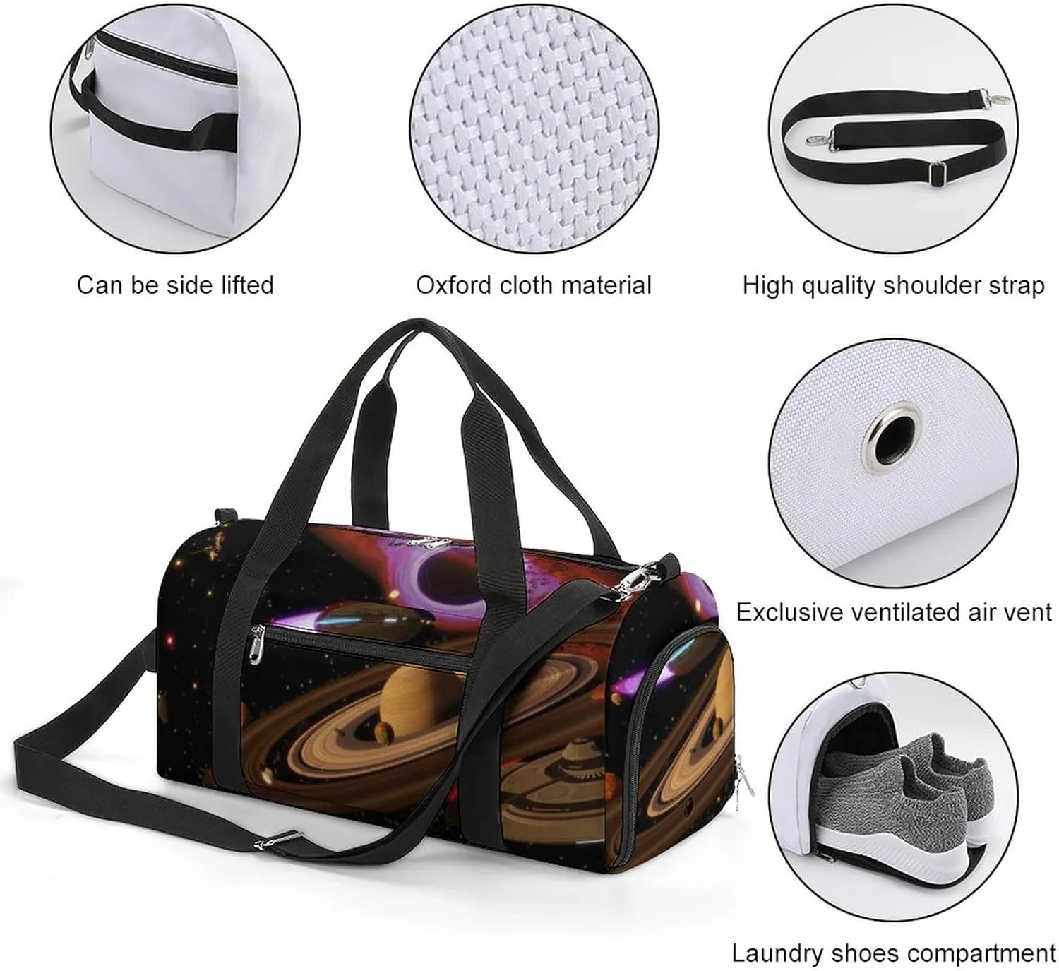 Saturns Spaceship Space Sports Tote Gym Bag for Women Men, Overnight Bag with Shoe Compartment Water Resistant