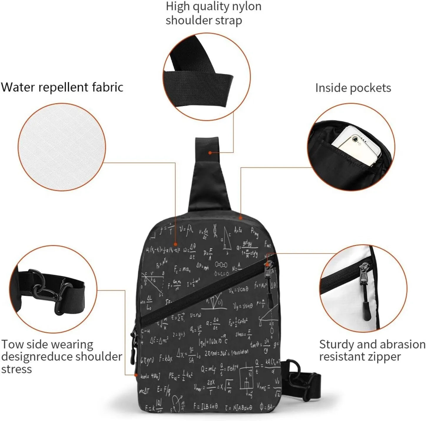 Scientific Math Chalkboard Black Sling Bag for Men Women, Small Crossbody Sling Backpack Shoulder Chest Bag, Anti Theft Travel Hiking Sports