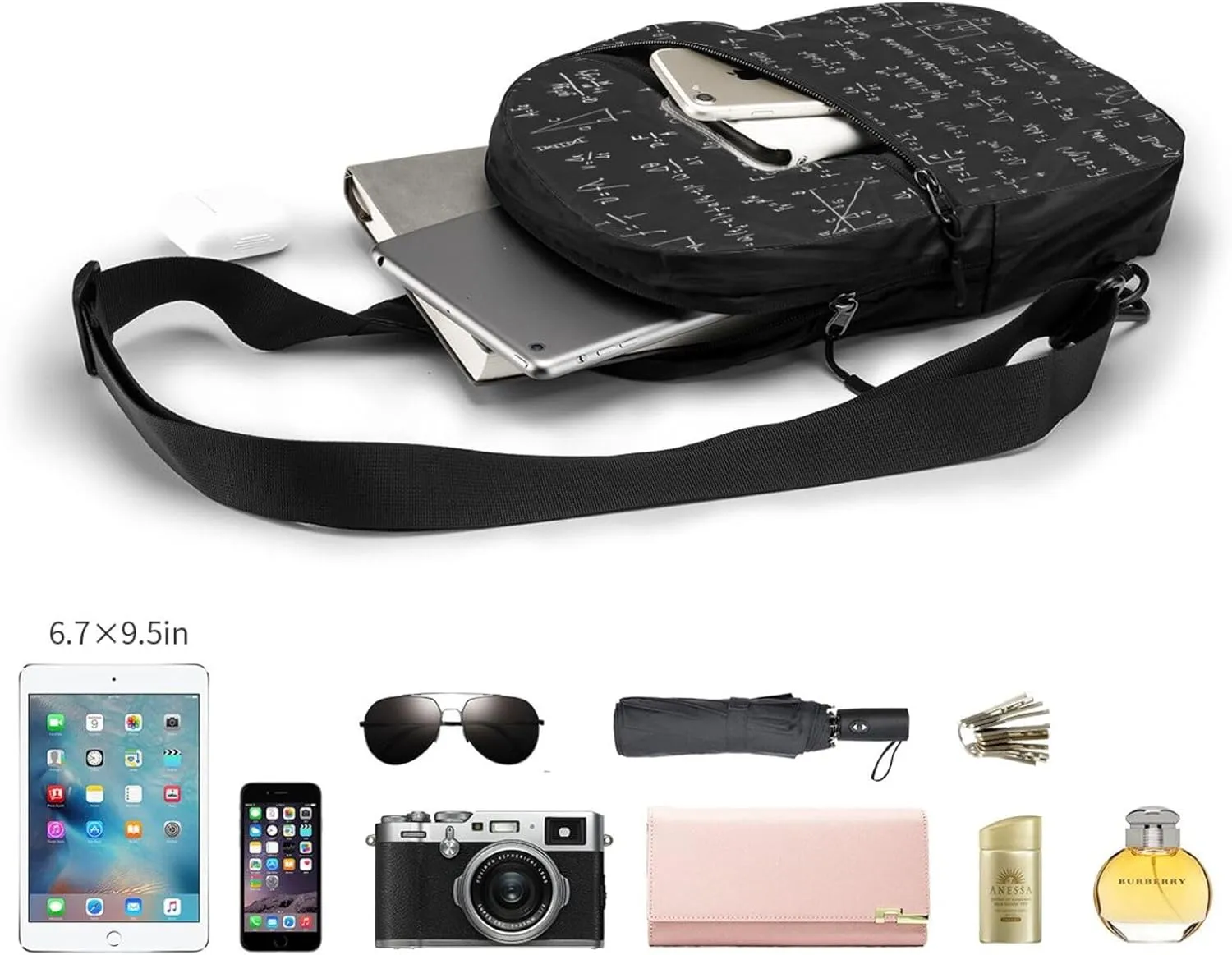 Scientific Math Chalkboard Black Sling Bag for Men Women, Small Crossbody Sling Backpack Shoulder Chest Bag, Anti Theft Travel Hiking Sports