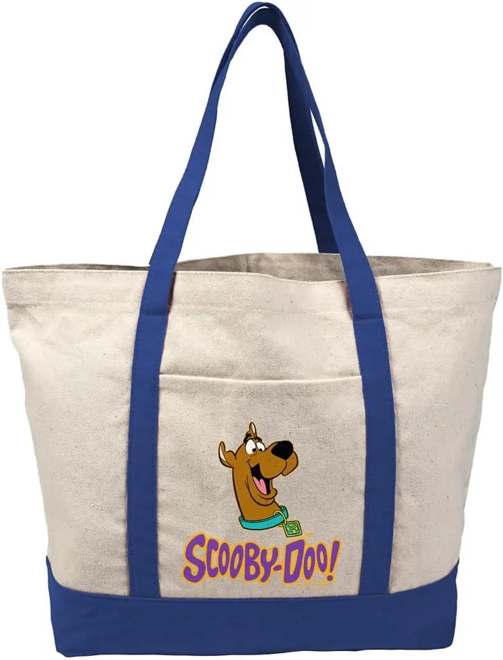 Scooby-Doo! Big Smile Scooby Canvas Tote Bag With External Pocket, Reusable Shoulder Bag for Shopping, Beach, Royal