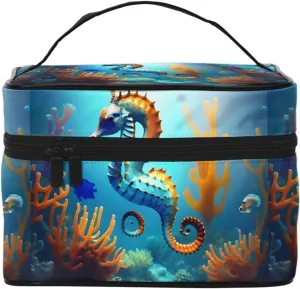 Seabed Coral Seahorse Large Capacity Cosmetic Bag 9x6.5x6.2 Inches, Women'S Portable Travel Organizer Bag