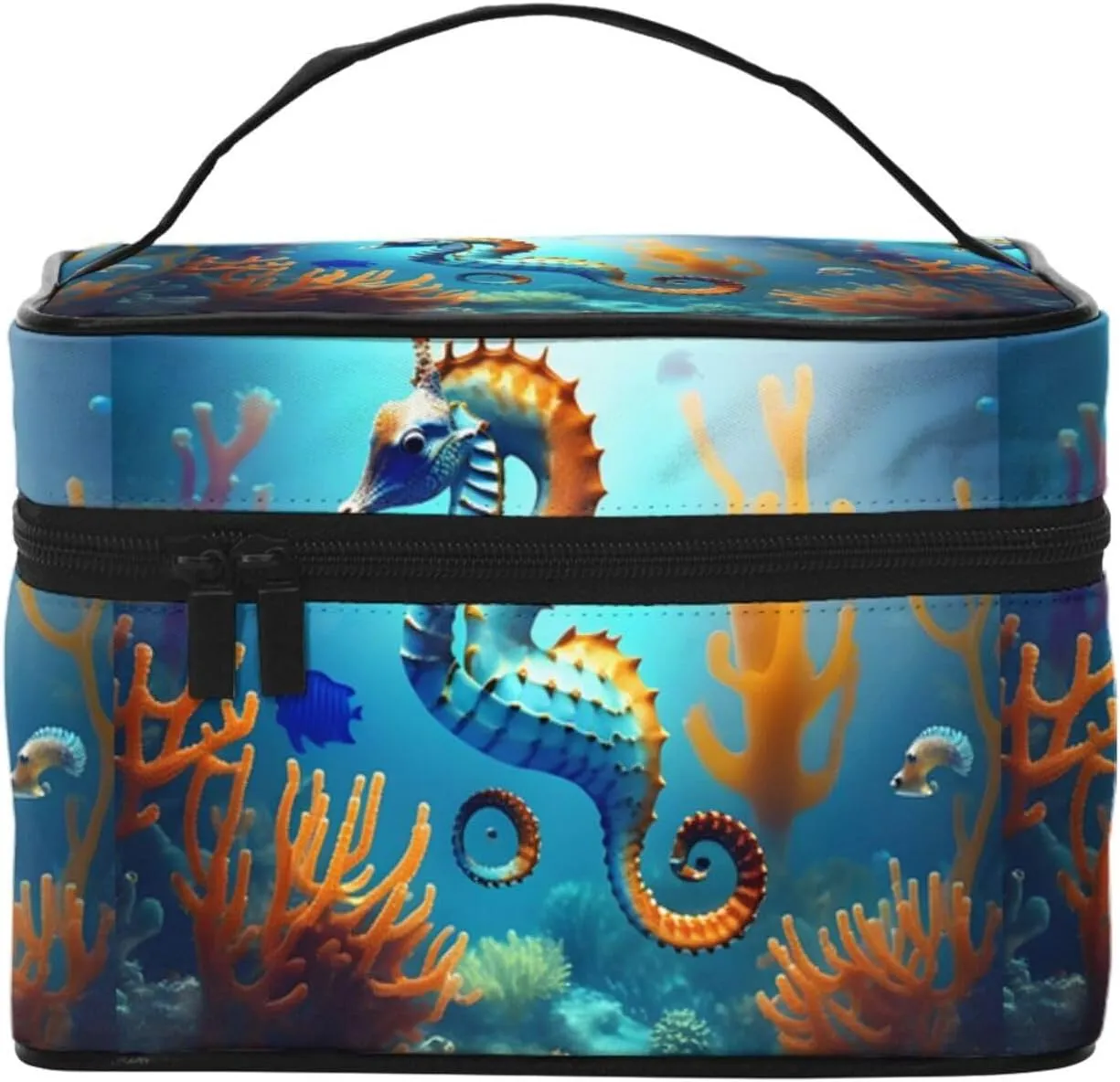 Seabed Coral Seahorse Large Capacity Cosmetic Bag 9x6.5x6.2 Inches, Women'S Portable Travel Organizer Bag