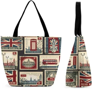 Seamless Pattern with Postage Stamps Theme Large Fashion Totes Bag Women's Casual Purses Work Handbags Shopping Bag