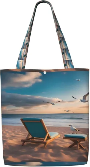 Seashore Reusable Canvas Shoulder Shopping Bag With Four Closure Buckle Tote Storage Bag
