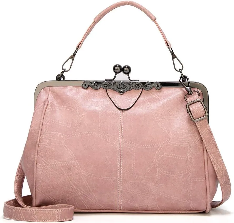 Segater® Women Retro Hollow Oil Wax PU Leather Handbag Kiss Lock Crossbody Purse Vintage Messenger Bag Tote