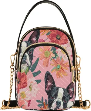 senya Boston Terrier Flowers Crossbody Handbags for Women Casual Leather Shoulder Phone Purse