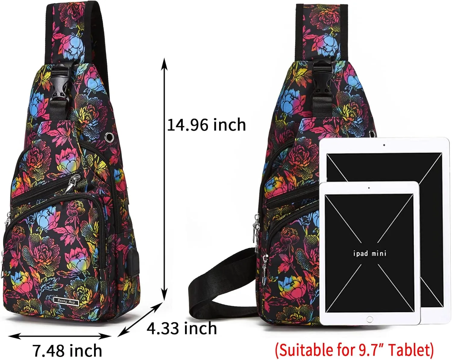 Seoky Rop Men Women Sling Backpack Anti Theft Crossbody Shoulder Chest Bag with USB Charging Port