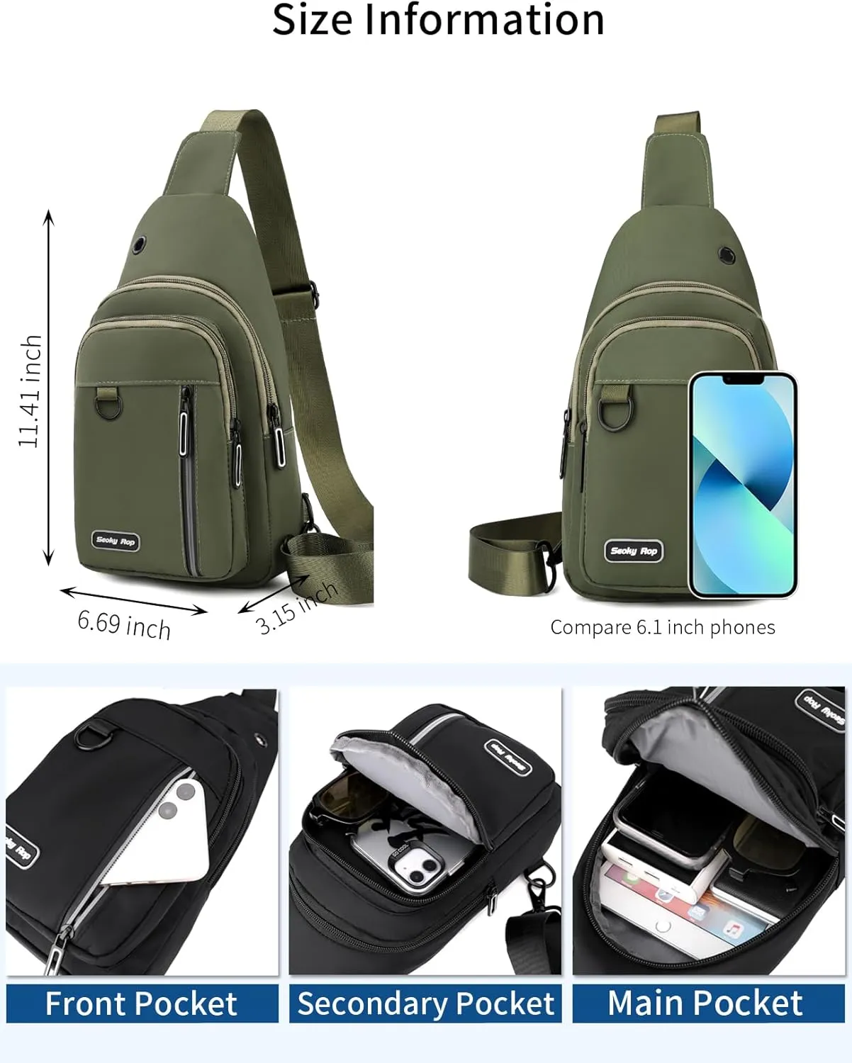 Seoky Rop Sling Bag for Women Men One Shoulder Crossbody Bag Backpack Fanny Pack Cross Body Bags for Travel Day Trip Army Green