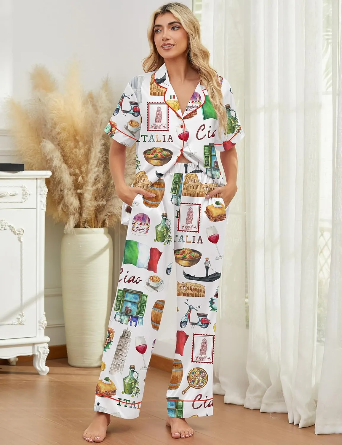 SHESHOW Satin Pajamas for Women Set Button Down Sleepwear Print Pjs Set 2 Piece Short Sleeve Long Loungewear Size XS-XXL
