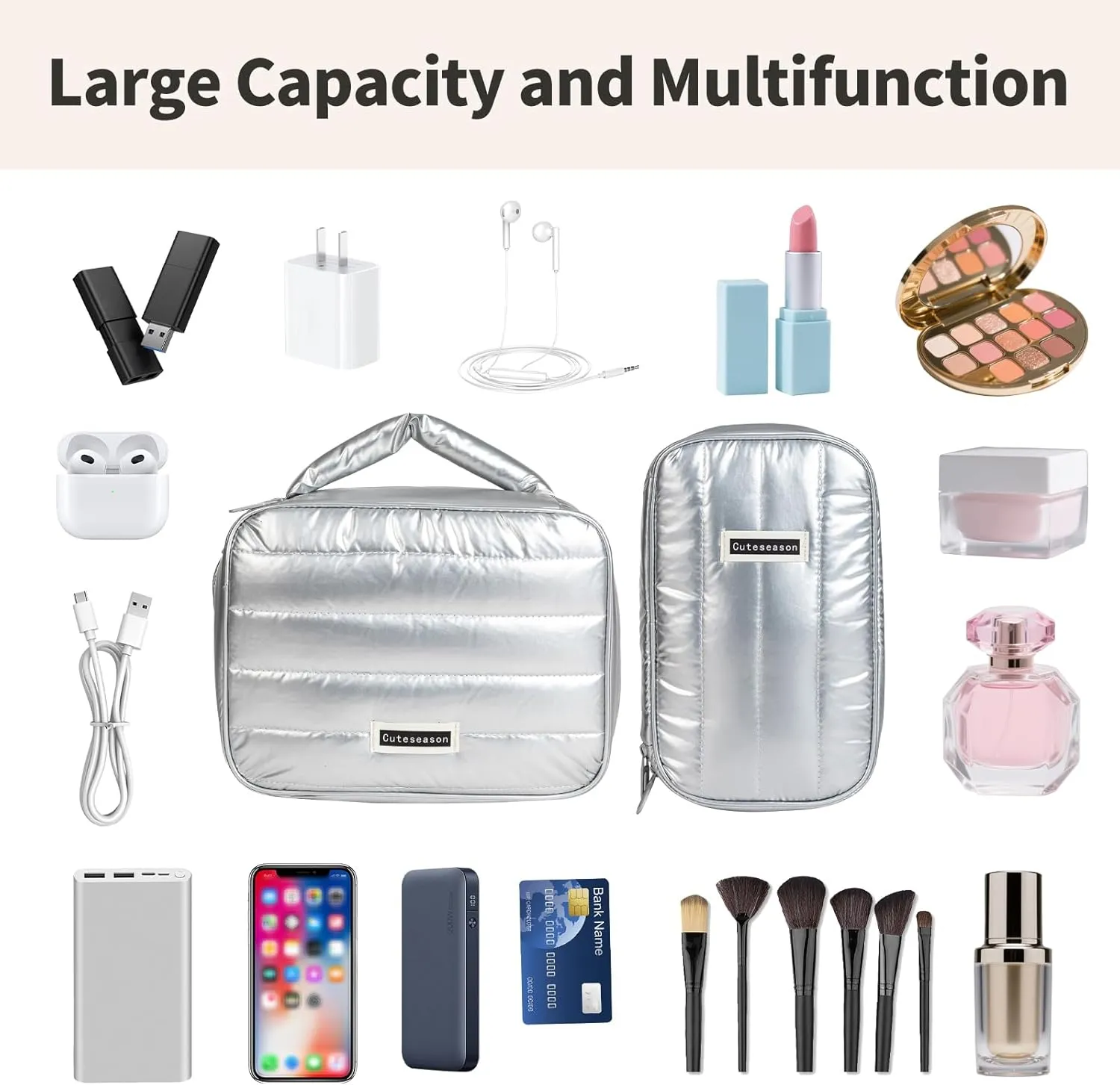Shiny Puffy Makeup Bag Large Capacity Travel Water-proof Toiletry Bag Drop-proof Digital Product Organizer (Purple, L and M)