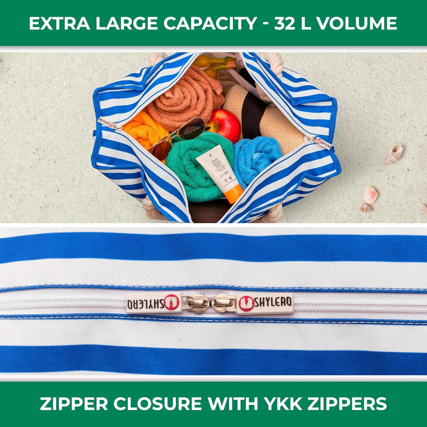 SHYLERO Beach Bag and Pool Bag. Has Airtight Pouch, Ton of Pockets. Beach Tote is Zippered, Water Resistant. Family Size