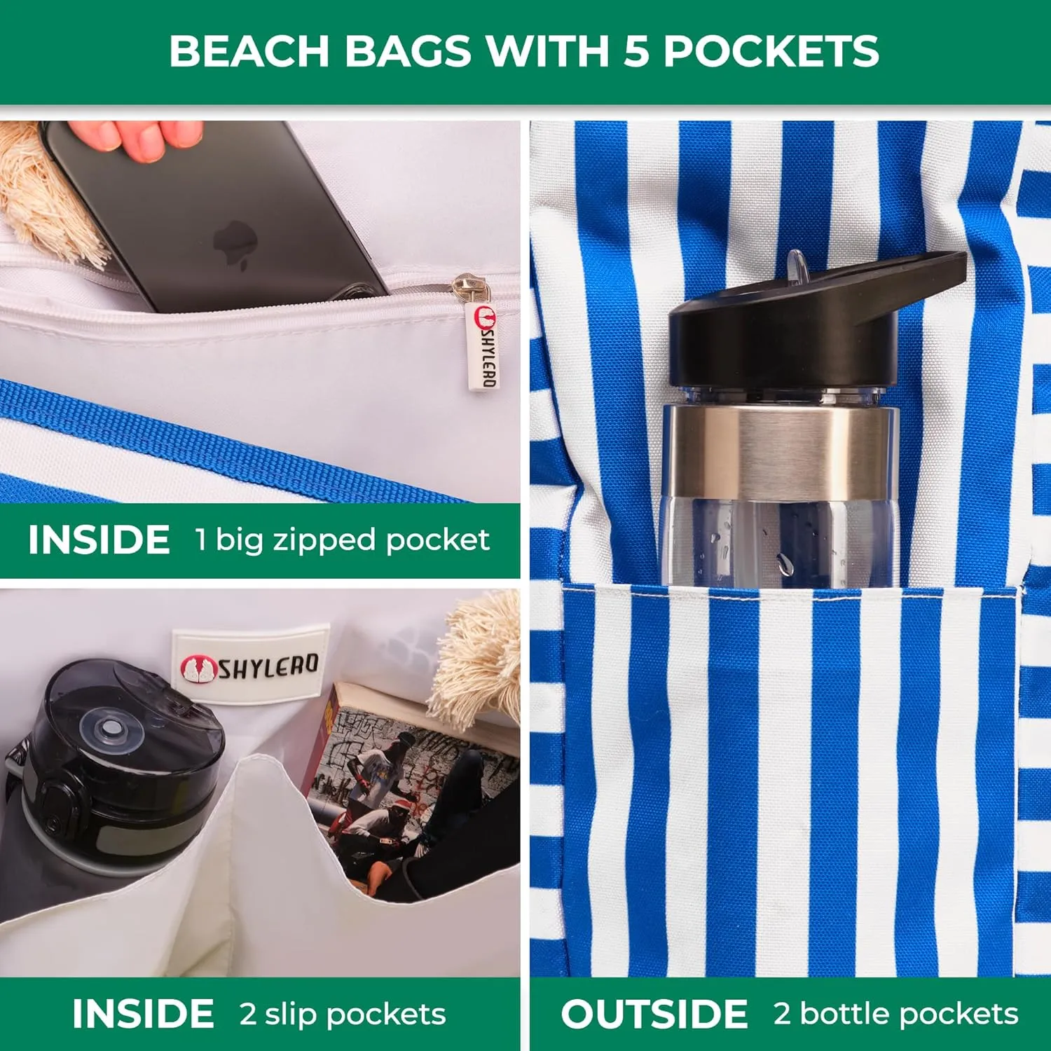 SHYLERO Beach Bag and Pool Bag. Has Airtight Pouch, Ton of Pockets. Beach Tote is Zippered, Water Resistant. Family Size