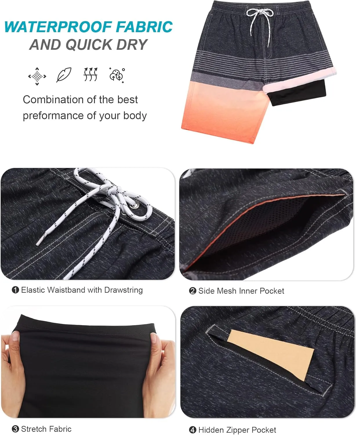 SILKWORLD Mens Swim Trunks with Compression Liner 9" Beach Board Shorts Men 2 in 1 Quick Dry Bathing Suit with Pockets