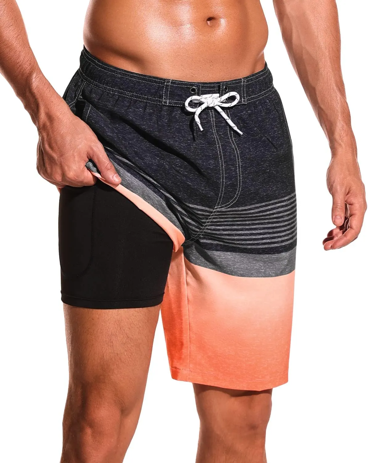 SILKWORLD Mens Swim Trunks with Compression Liner 9" Beach Board Shorts Men 2 in 1 Quick Dry Bathing Suit with Pockets