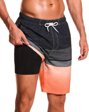 SILKWORLD Mens Swim Trunks with Compression Liner 9" Beach Board Shorts Men 2 in 1 Quick Dry Bathing Suit with Pockets