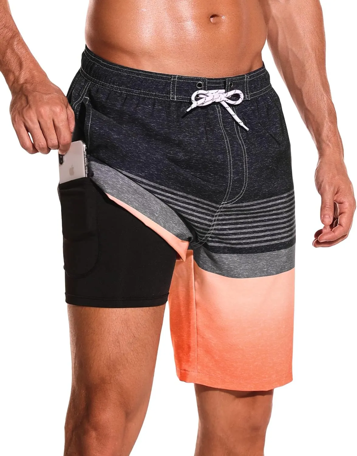 SILKWORLD Mens Swim Trunks with Compression Liner 9" Beach Board Shorts Men 2 in 1 Quick Dry Bathing Suit with Pockets