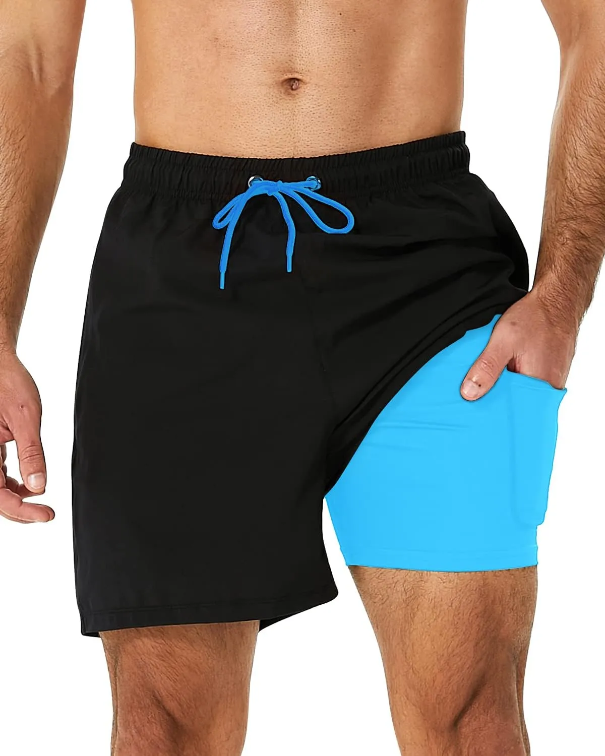 SILKWORLD Mens Swimming Trunks with Compression Liner 2 in 1 Quick-Dry Swim Shorts with Zipper Pockets