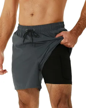 SILKWORLD Mens Swimming Trunks with Compression Liner 2 in 1 Quick-Dry Swim Shorts with Zipper Pockets