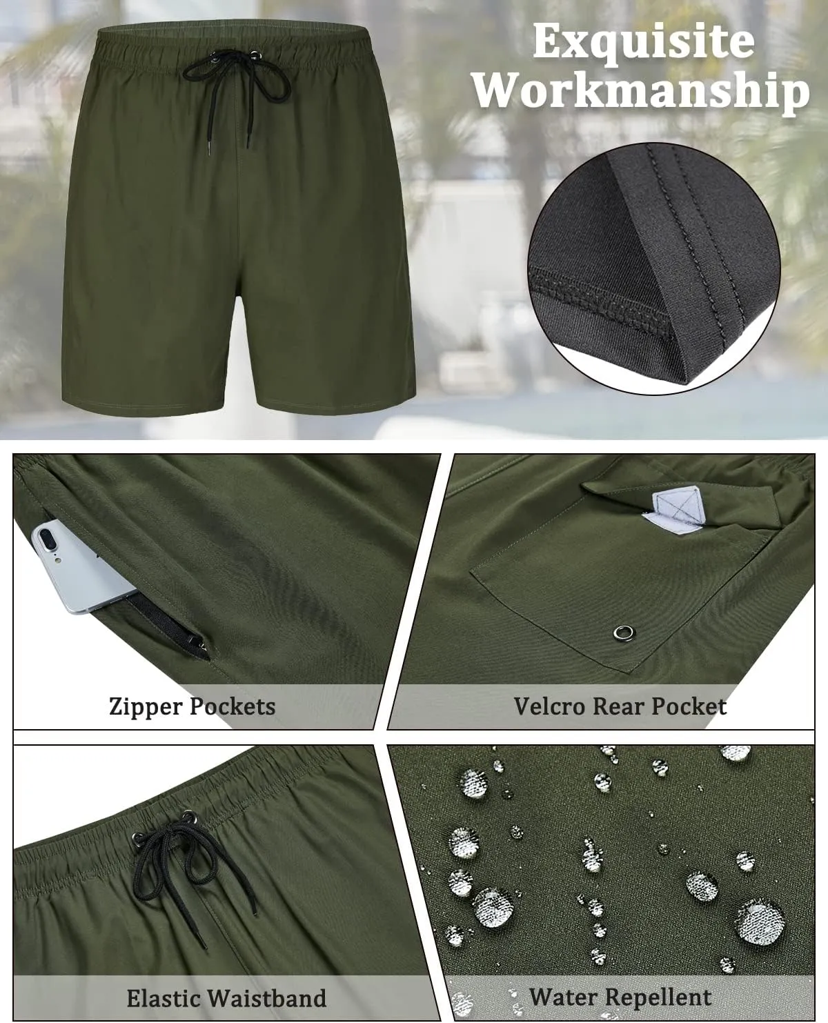 SILKWORLD Mens Swimming Trunks with Compression Liner 2 in 1 Quick-Dry Swim Shorts with Zipper Pockets