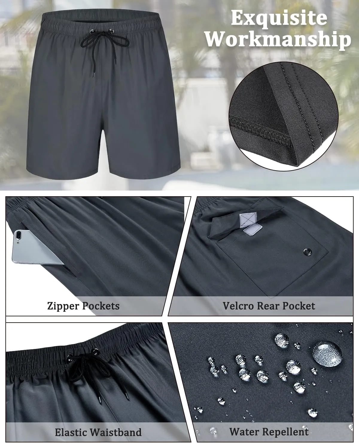 SILKWORLD Mens Swimming Trunks with Compression Liner 2 in 1 Quick-Dry Swim Shorts with Zipper Pockets