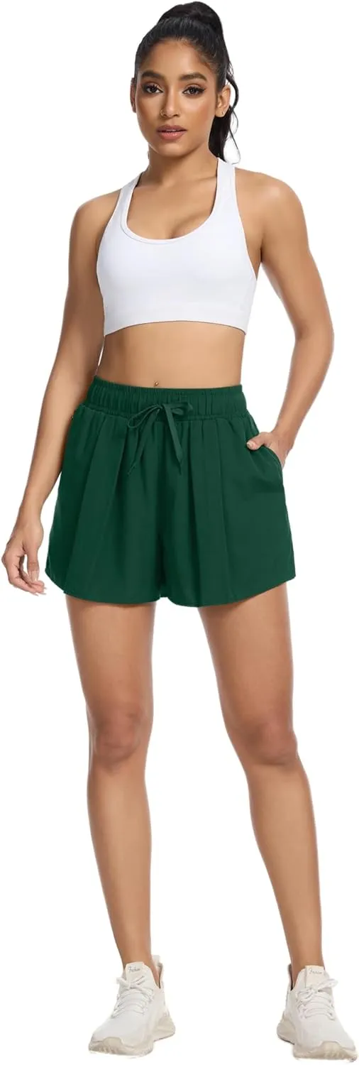 SILKWORLD Running Shorts for Women 2 in 1 Flowy Athletic Shorts Casual Workout Butterfly Gym Shorts with Zipper Pockets