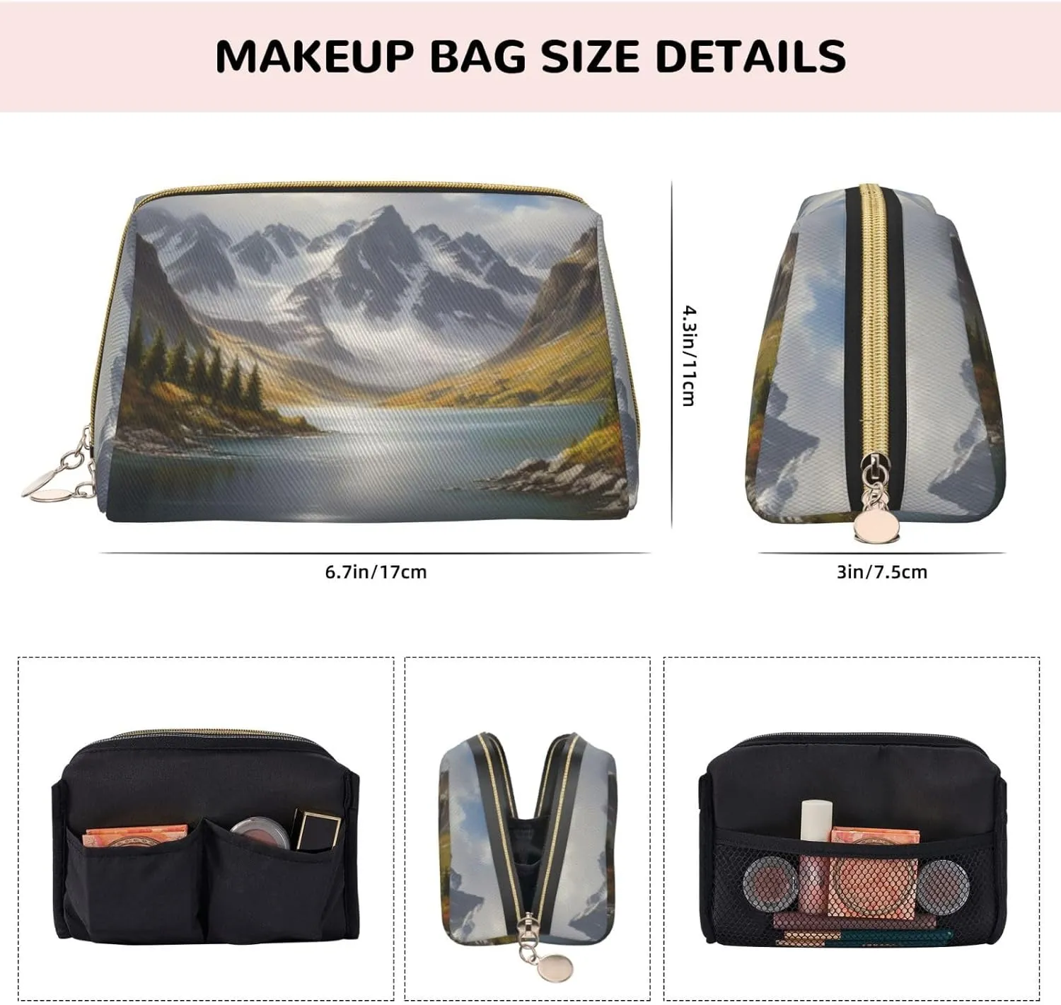 Silver Symphony Printed Small Makeup Bag,Travel Cosmetic Bag Purse with Zipper,Water-resistant Makeup Organizer Bag for Women