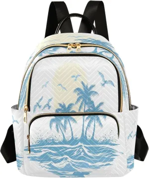 Sinestour Blue Seagulls Palm Trees Women Backpack Purse Large Capacity Casual Daypack Adjustable Strap Travel Camping Work Backpack