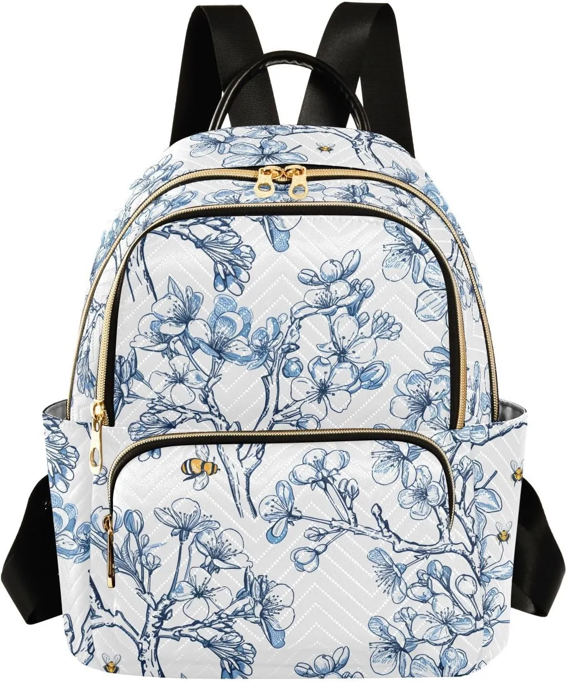 Sinestour Honeybee Cherry Blossom White Women Backpack Purse Large Capacity Casual Daypack Leather Handle Travel Work College Backpack