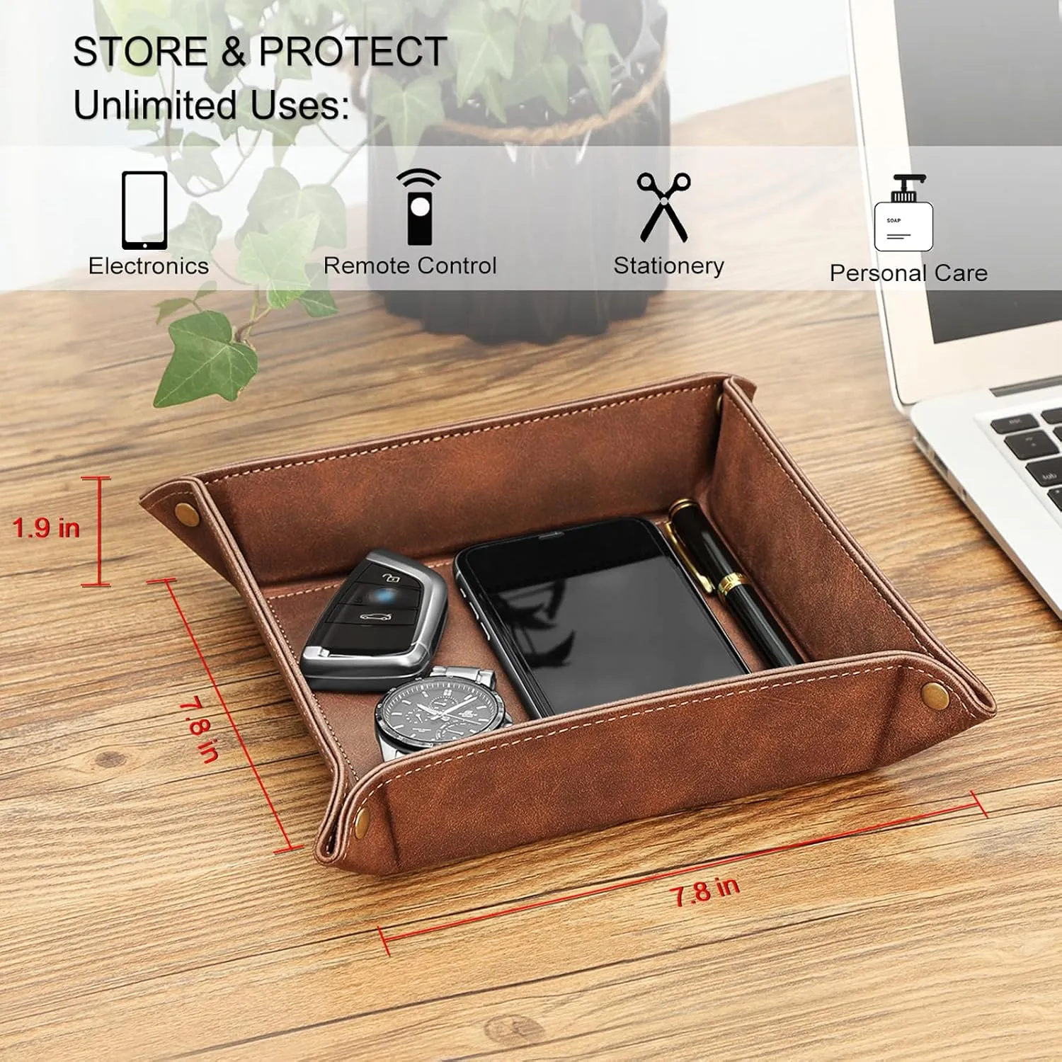 SITHON Valet Tray Desktop Storage Organizer – Premium PU Leather Catchall Bedside Vanity Tray Nightstand Caddy Holder for Remote Controller, Keys, Phone, Wallet, Coin, Jewelry, Brown