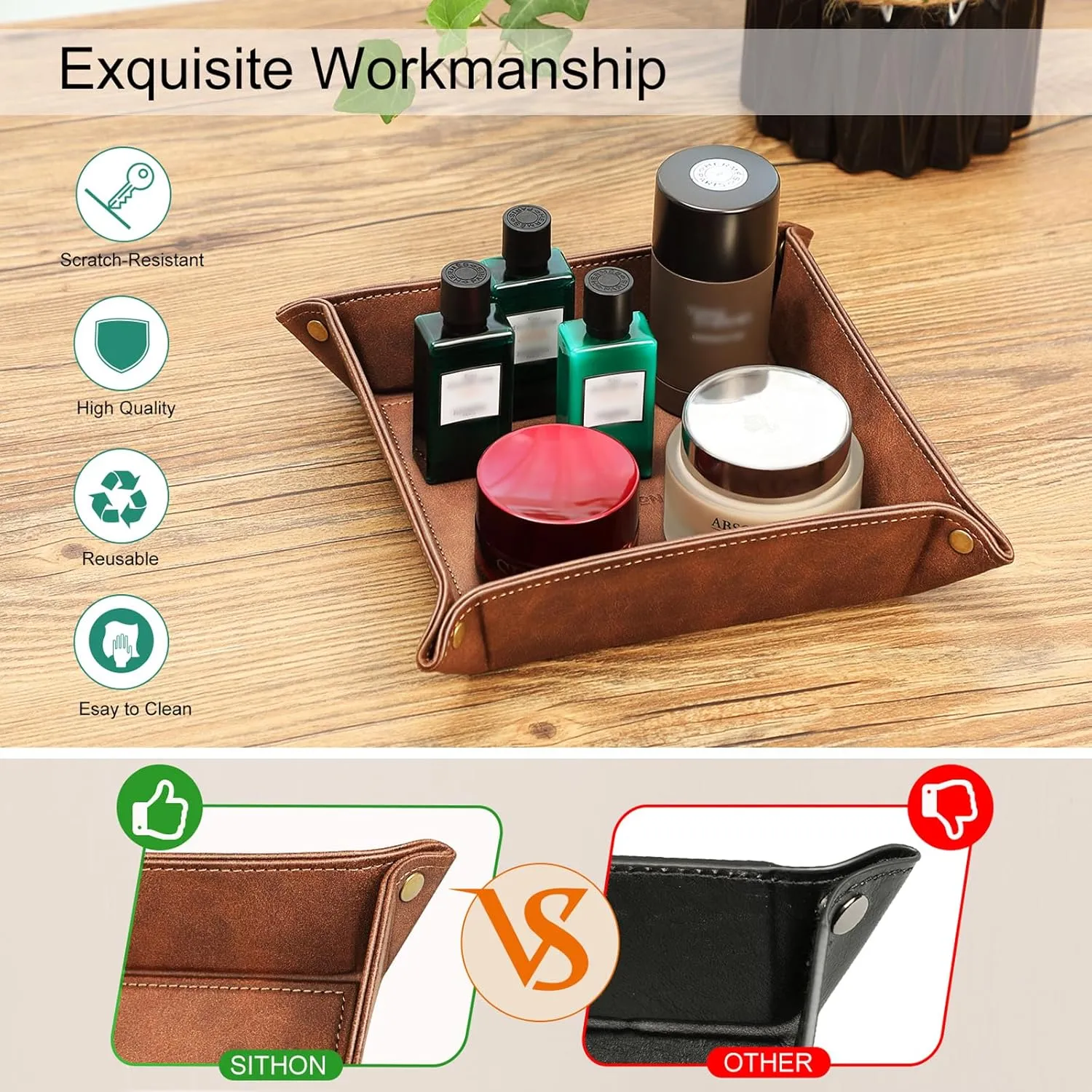 SITHON Valet Tray Desktop Storage Organizer – Premium PU Leather Catchall Bedside Vanity Tray Nightstand Caddy Holder for Remote Controller, Keys, Phone, Wallet, Coin, Jewelry, Brown