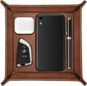 SITHON Valet Tray Desktop Storage Organizer – Premium PU Leather Catchall Bedside Vanity Tray Nightstand Caddy Holder for Remote Controller, Keys, Phone, Wallet, Coin, Jewelry, Brown