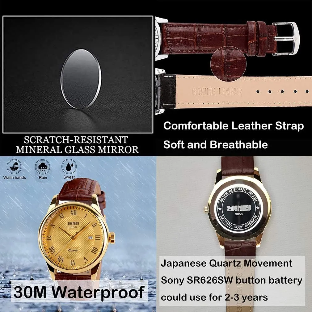 SKMEI Watch for Men Business Dress Classic Fashion Casual Black Leather Quartz Analog Waterproof Calendar Date Light Simple Wrist Watches Dad Fathers Gifts