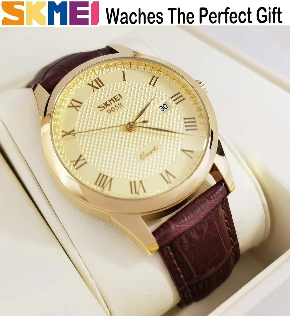 SKMEI Watch for Men Business Dress Classic Fashion Casual Black Leather Quartz Analog Waterproof Calendar Date Light Simple Wrist Watches Dad Fathers Gifts