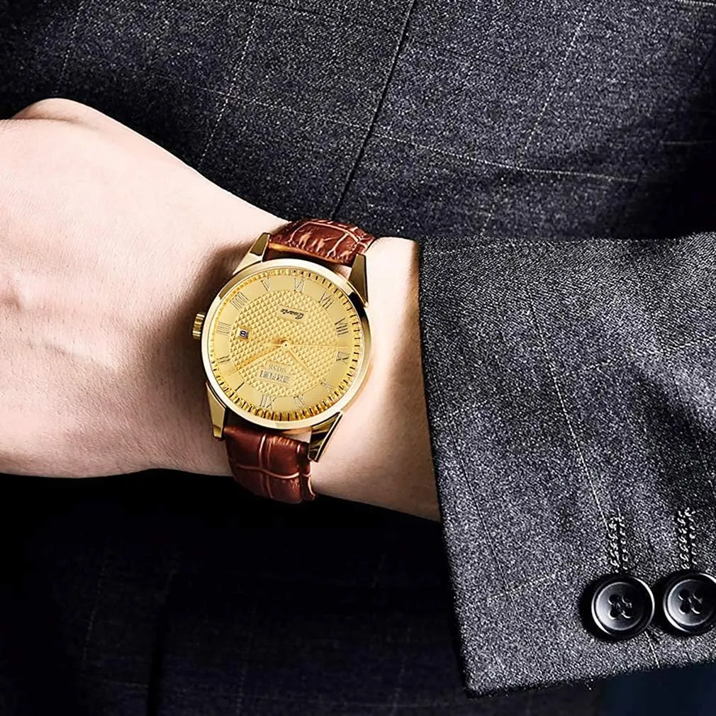 SKMEI Watch for Men Business Dress Classic Fashion Casual Black Leather Quartz Analog Waterproof Calendar Date Light Simple Wrist Watches Dad Fathers Gifts