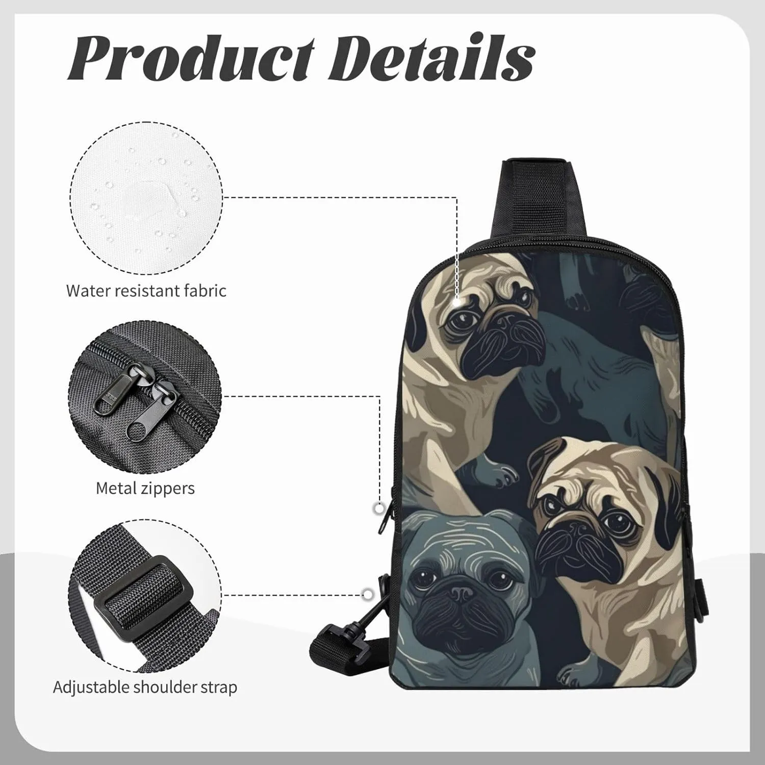 Sling Backpack Crossbody Sling Bag for Men Women Cross Chest Bag Funny Pug Pattern Shoulder Bag Travel Hiking Daypack