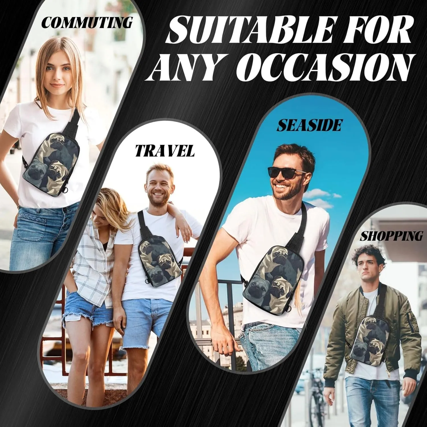 Sling Backpack Crossbody Sling Bag for Men Women Cross Chest Bag Funny Pug Pattern Shoulder Bag Travel Hiking Daypack