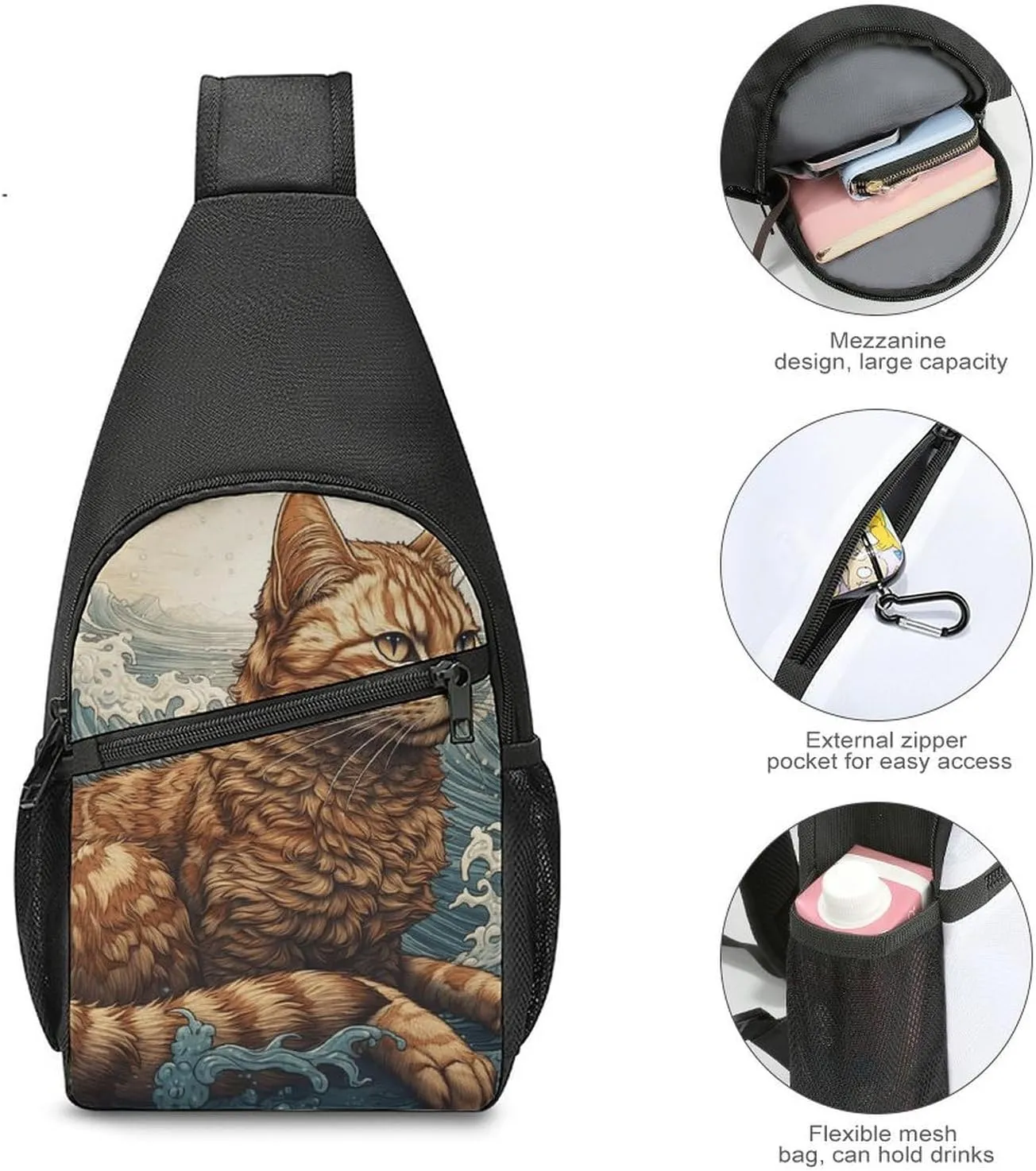 Sling Backpack for Women Men Crossbody Chest Bag Travel Cat in The Waves Daypack Shoulder Bag for Hiking
