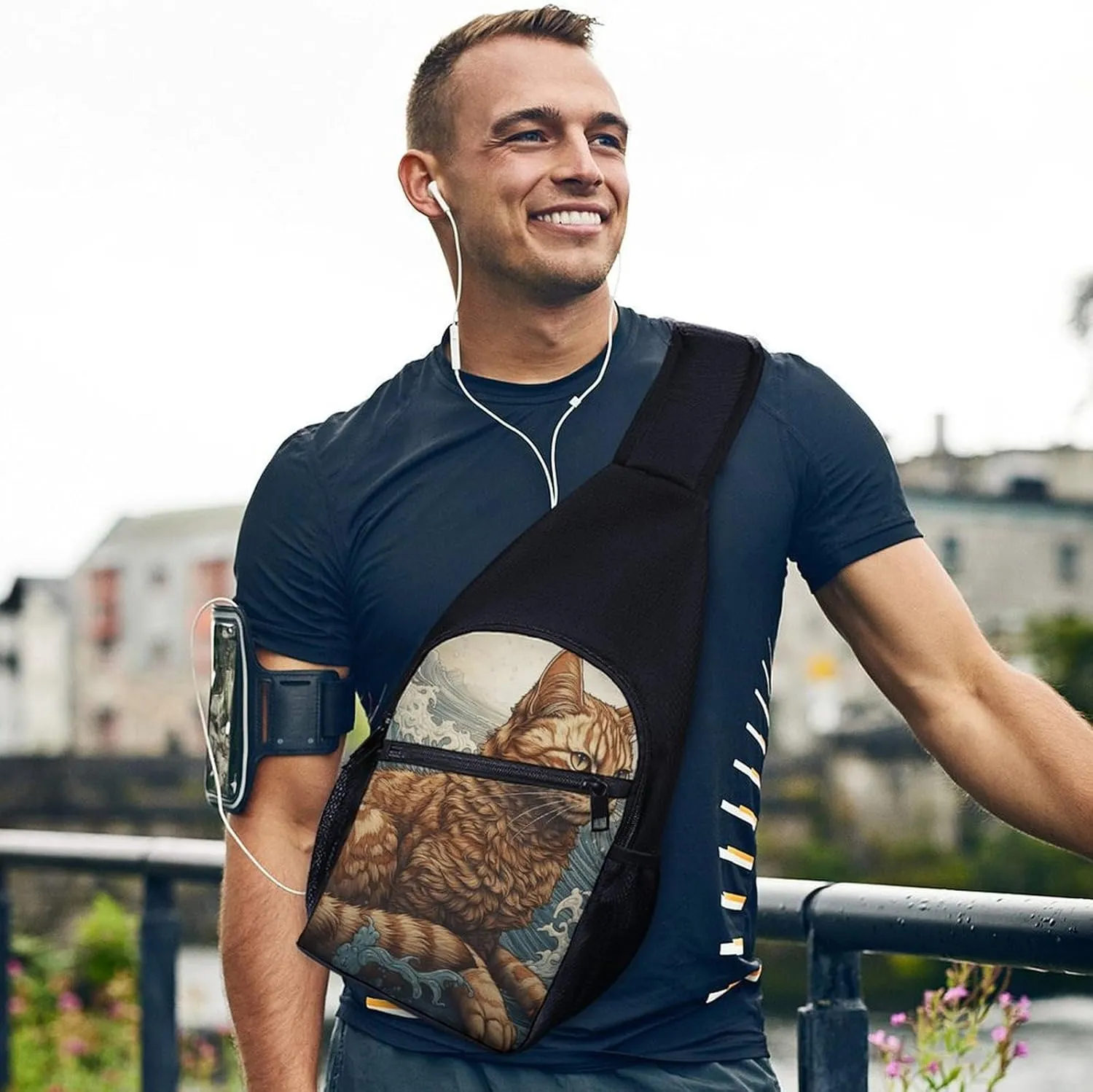 Sling Backpack for Women Men Crossbody Chest Bag Travel Cat in The Waves Daypack Shoulder Bag for Hiking