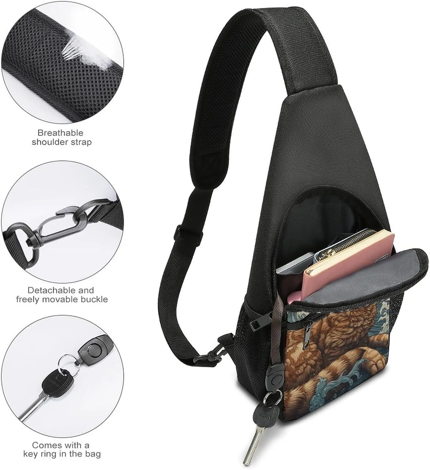 Sling Backpack for Women Men Crossbody Chest Bag Travel Cat in The Waves Daypack Shoulder Bag for Hiking