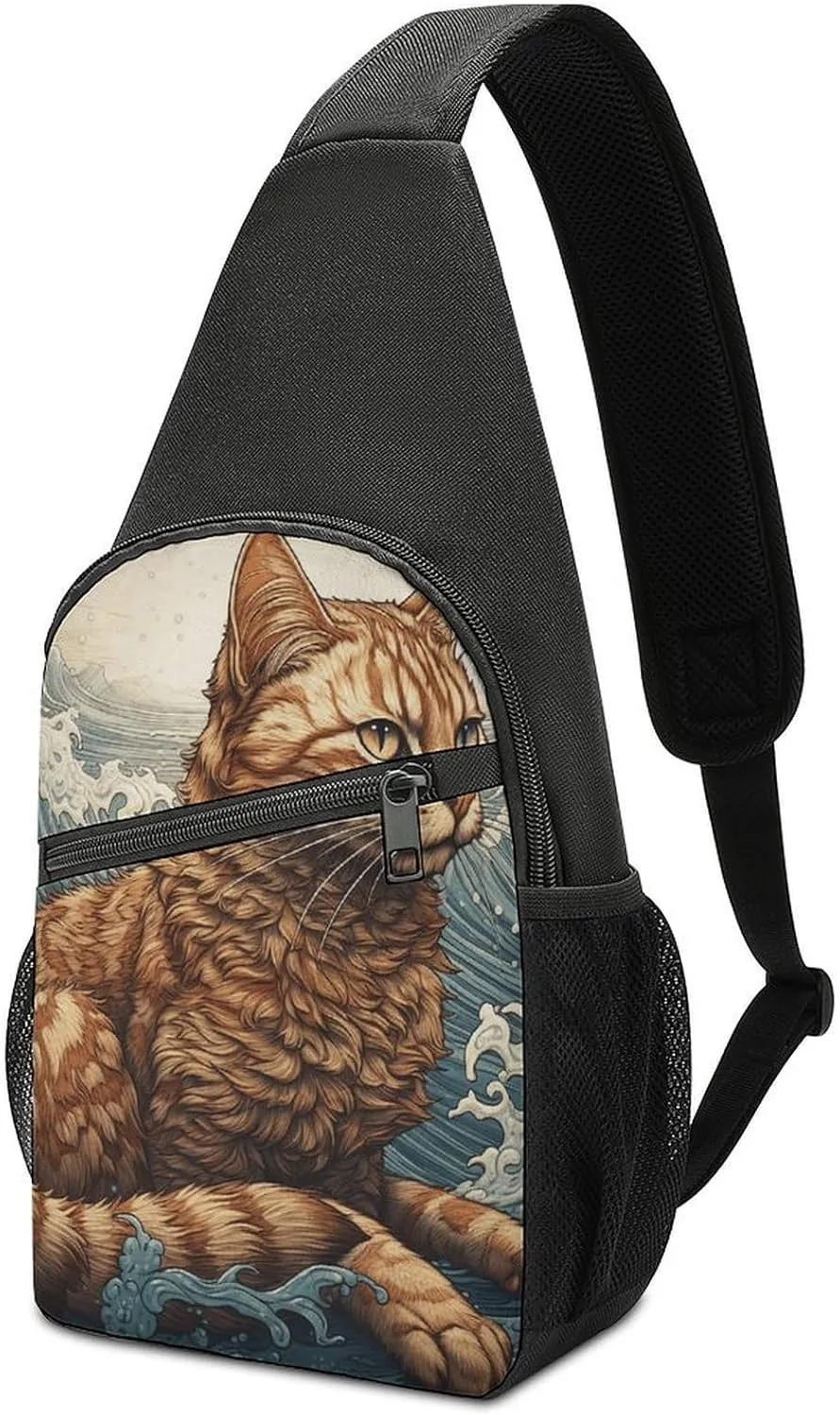 Sling Backpack for Women Men Crossbody Chest Bag Travel Cat in The Waves Daypack Shoulder Bag for Hiking