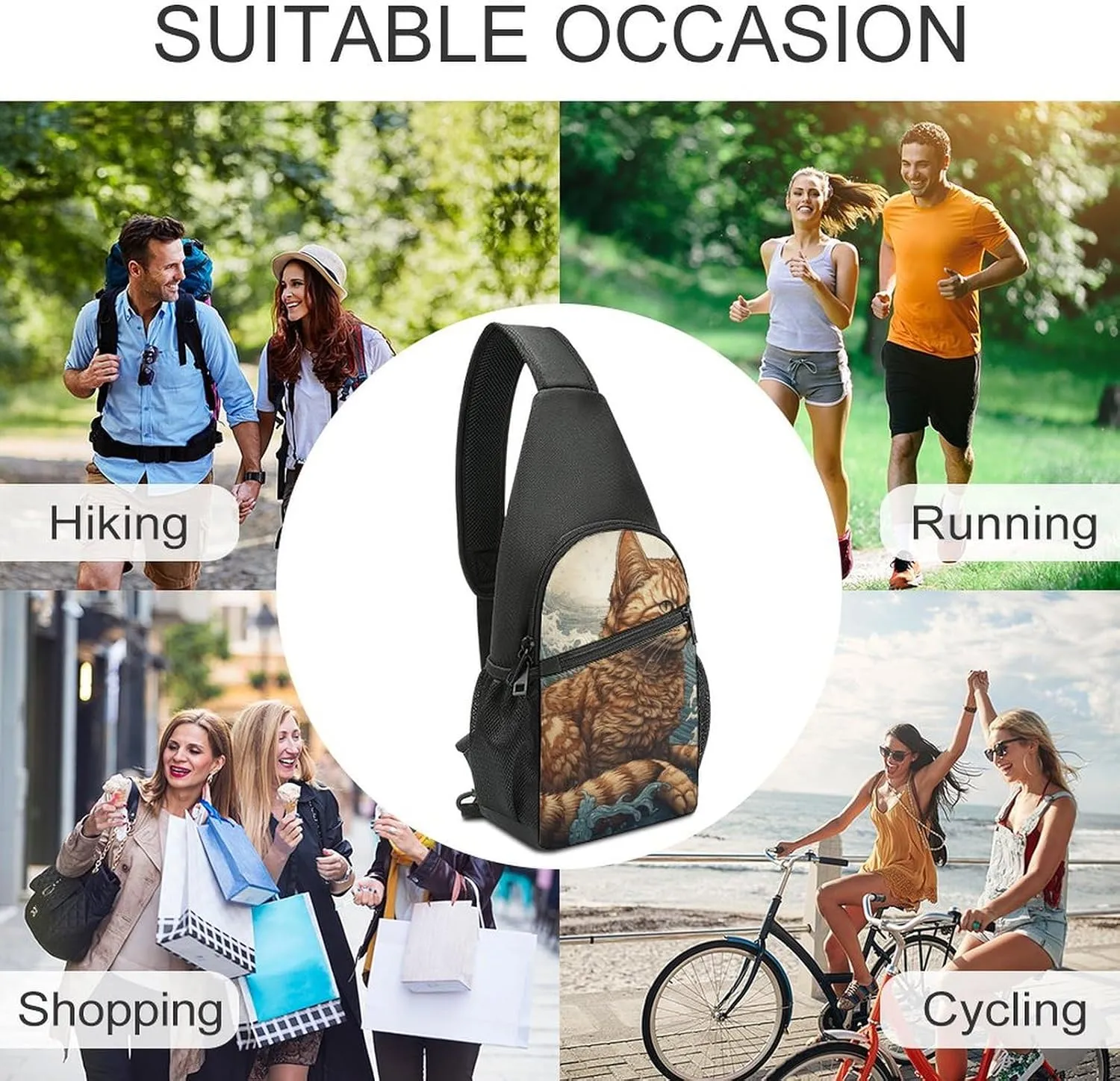 Sling Backpack for Women Men Crossbody Chest Bag Travel Cat in The Waves Daypack Shoulder Bag for Hiking