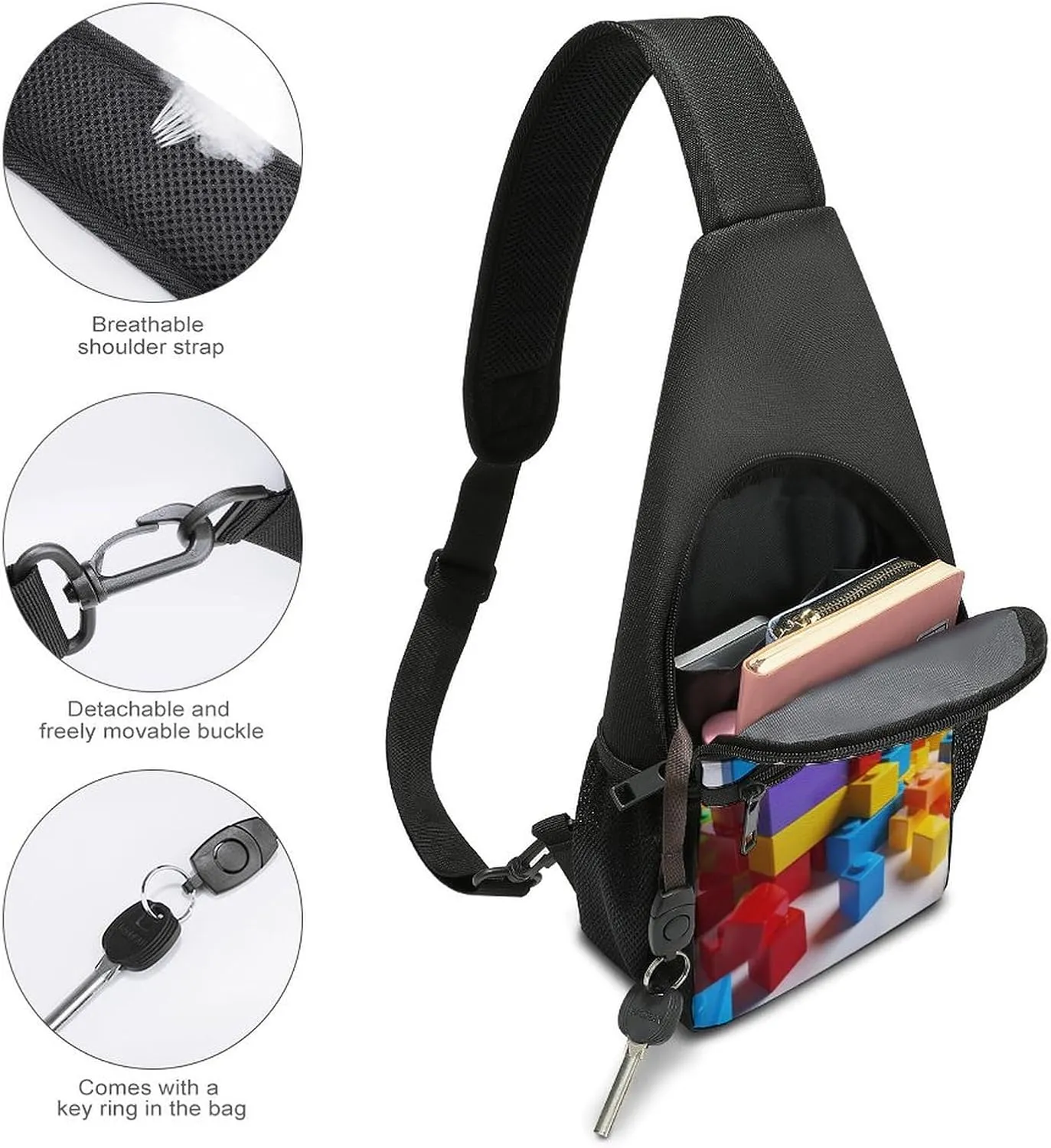 Sling Backpack for Women Men Crossbody Chest Bag Travel Colorful Building Blocks Daypack Shoulder Bag for Hiking