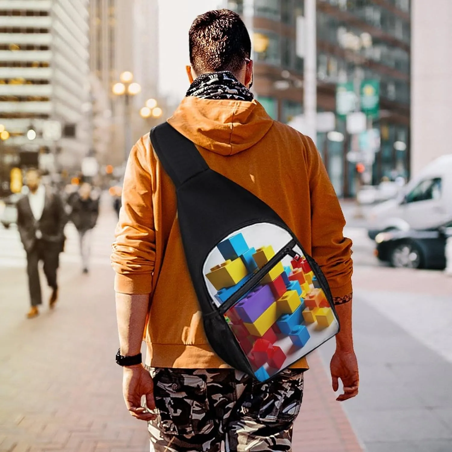 Sling Backpack for Women Men Crossbody Chest Bag Travel Colorful Building Blocks Daypack Shoulder Bag for Hiking