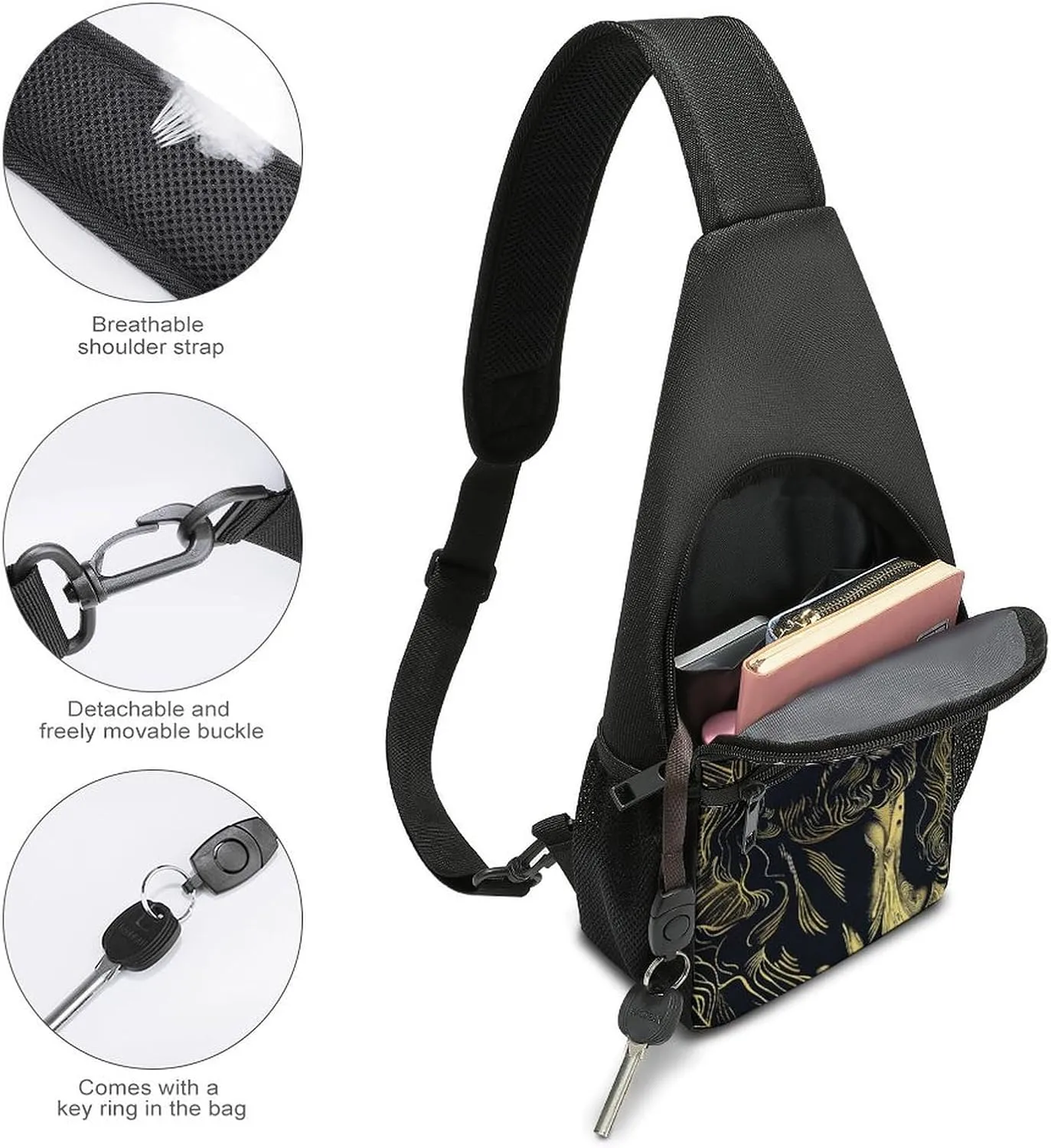 Sling Backpack for Women Men Crossbody Chest Bag Travel With Gold Outline Daypack Shoulder Bag for Hiking