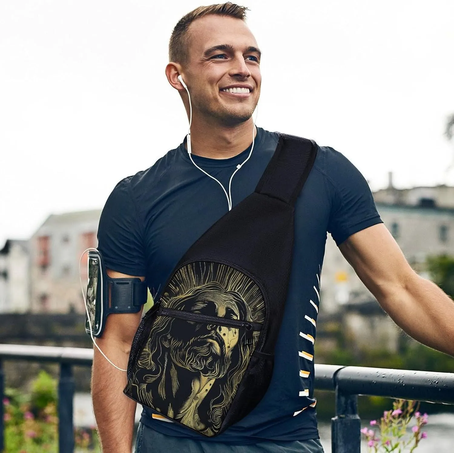 Sling Backpack for Women Men Crossbody Chest Bag Travel With Gold Outline Daypack Shoulder Bag for Hiking