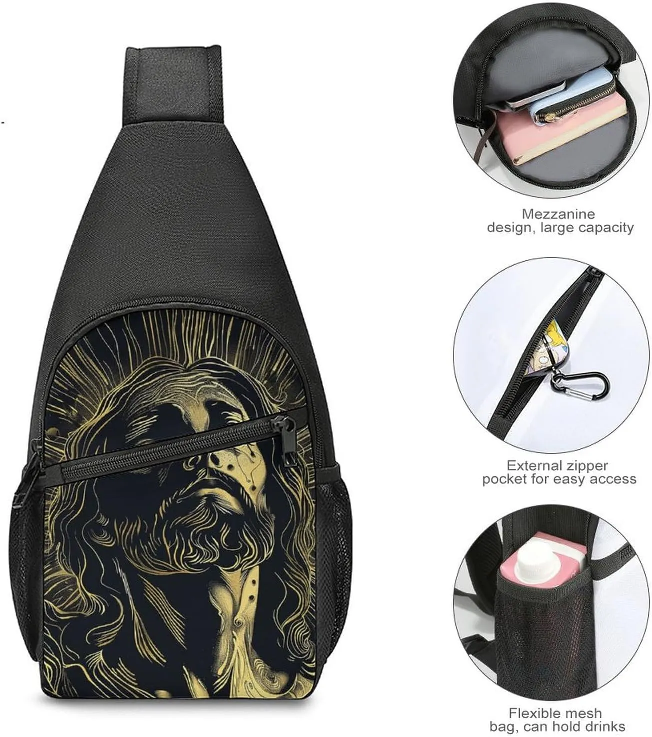 Sling Backpack for Women Men Crossbody Chest Bag Travel With Gold Outline Daypack Shoulder Bag for Hiking