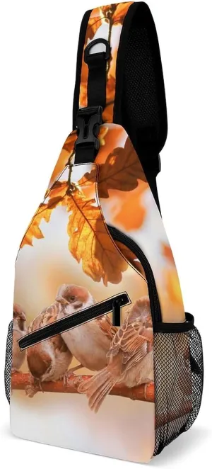 Sling Bag Autumn Small Sparrows Birds Crossbody Backpack with Anti Theft Adjustable Shoulder Bag for Travel,Hiking,Cycling,Camping